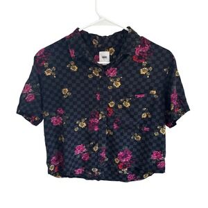 Vans Womens XS Short Sleeve Cropped Button Down Shirt Checkerboard Floral Black